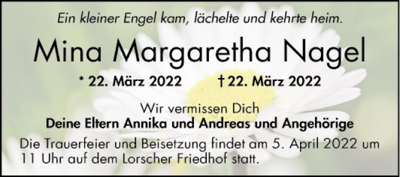  Traueranzeige für Mina Margaretha Nagel vom 02.04.2022 aus Bergsträßer Anzeiger