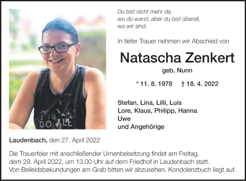  Traueranzeige für Natascha Zenkert vom 27.04.2022 aus Fränkische Nachrichten