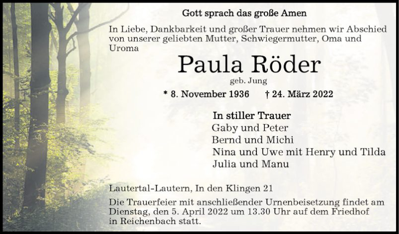  Traueranzeige für Paula Röder vom 02.04.2022 aus Bergsträßer Anzeiger