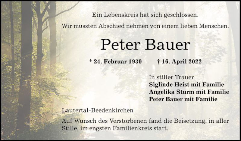  Traueranzeige für Peter Bauer vom 30.04.2022 aus Bergsträßer Anzeiger