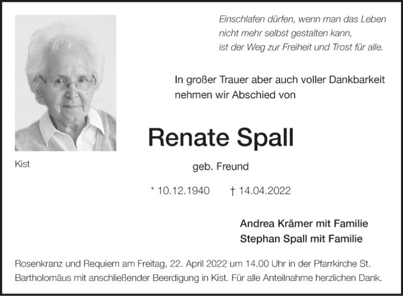 Traueranzeige für Renate Spall vom 20.04.2022 aus Fränkische Nachrichten