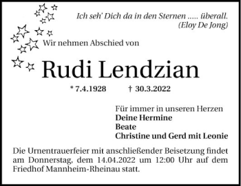 Traueranzeige von Rudi Lendzian von Mannheimer Morgen