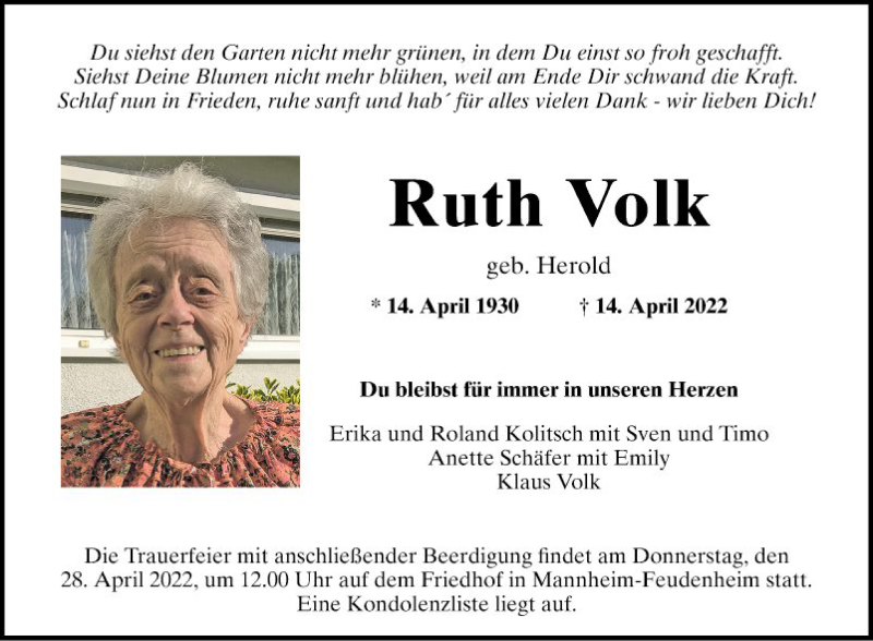  Traueranzeige für Ruth Volk vom 23.04.2022 aus Mannheimer Morgen