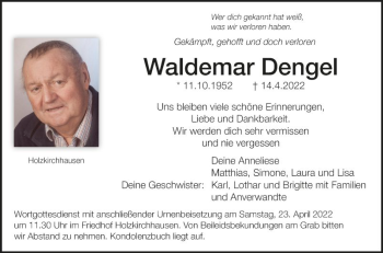 Traueranzeige von Waldemar Dengel von Fränkische Nachrichten