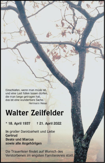 Traueranzeige von Walter Zeilfelder von Mannheimer Morgen