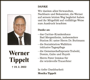 Traueranzeige von Werner Tippelt von Fränkische Nachrichten