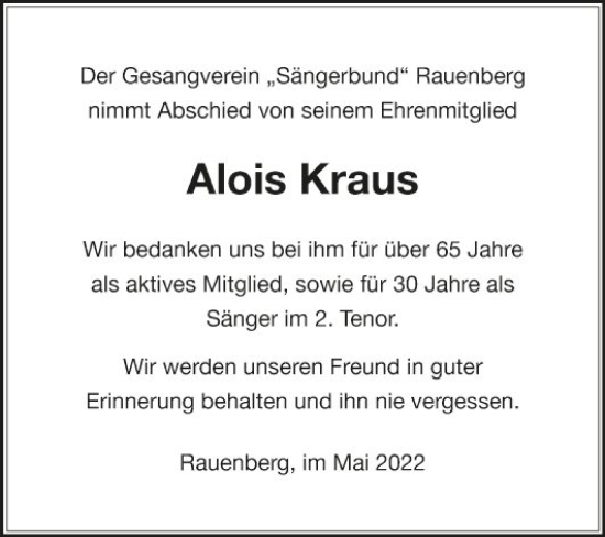 Traueranzeige von Alois Kraus von Fränkische Nachrichten