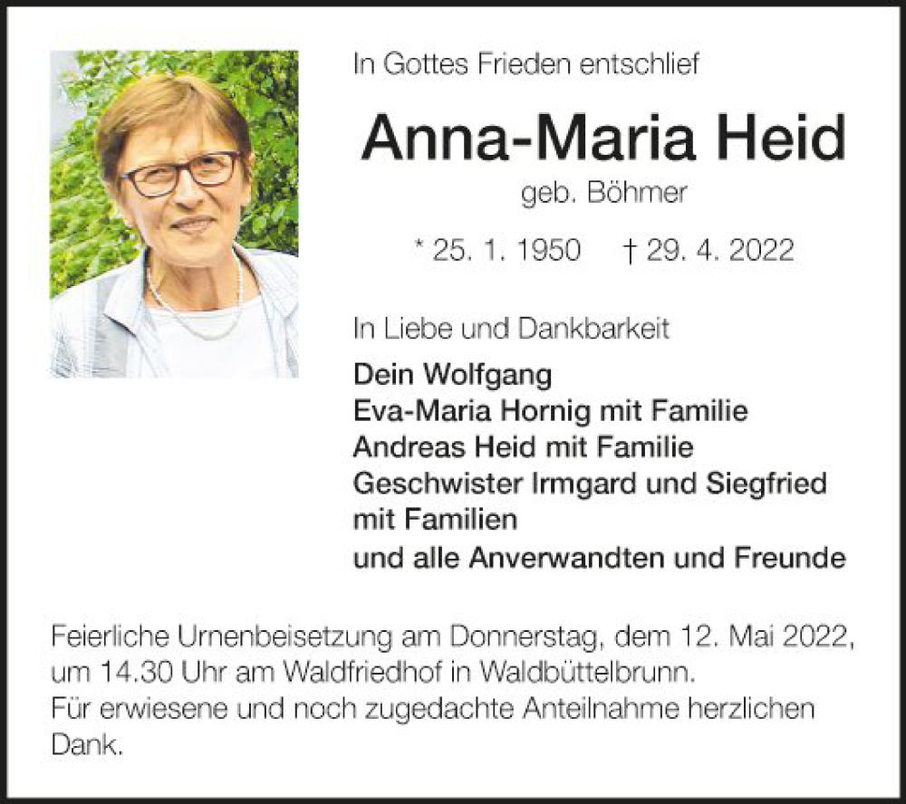  Traueranzeige für Anna-Maria Heid vom 09.05.2022 aus Fränkische Nachrichten