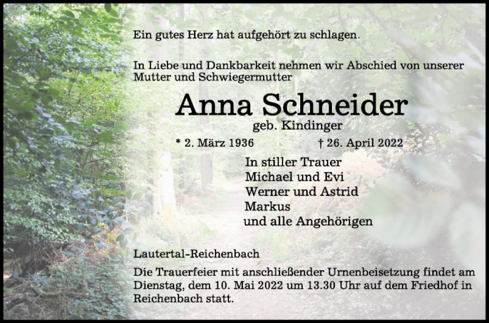  Traueranzeige für Anna Schneider vom 07.05.2022 aus Bergsträßer Anzeiger