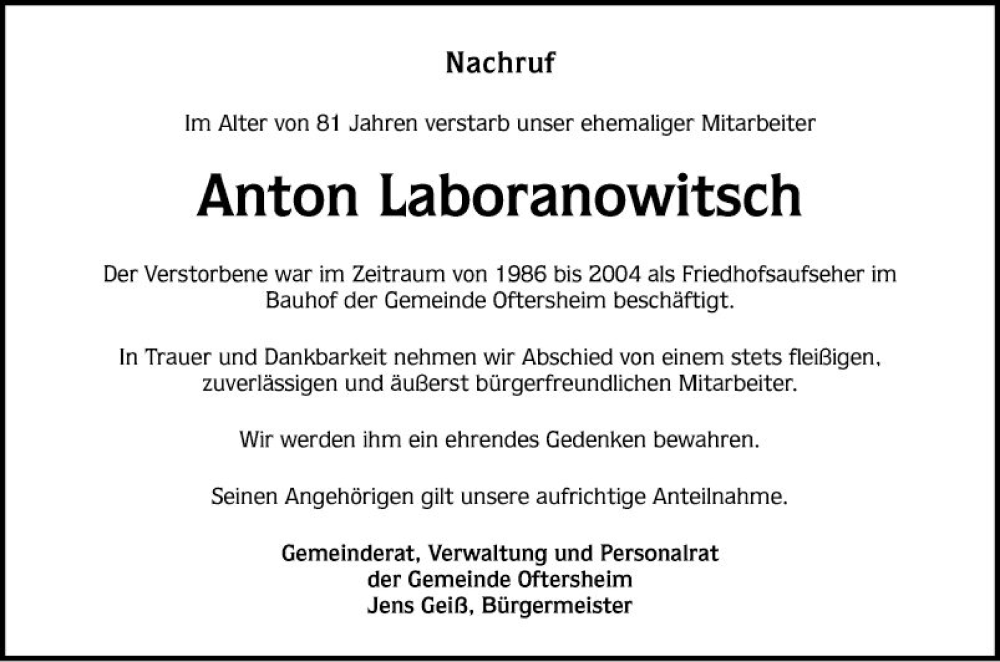  Traueranzeige für Anton Laboranowitsch vom 12.05.2022 aus Schwetzinger Zeitung