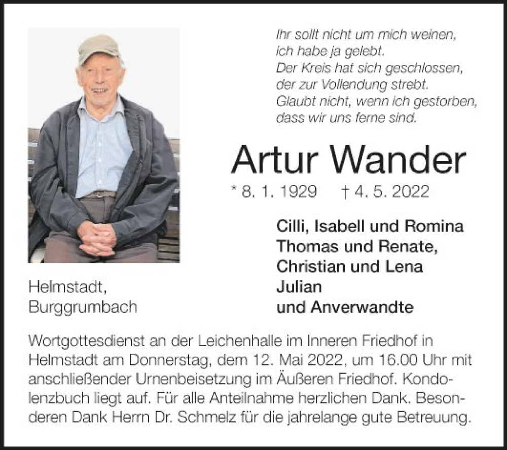  Traueranzeige für Artur Wander vom 07.05.2022 aus Fränkische Nachrichten