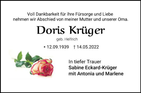 Traueranzeige von Doris Krüger von Schwetzinger Zeitung