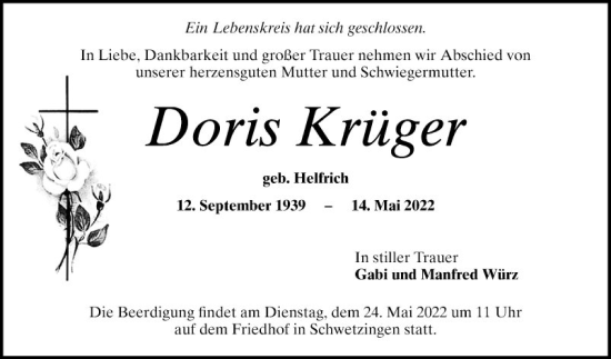 Traueranzeige von Doris Krüger von Schwetzinger Zeitung