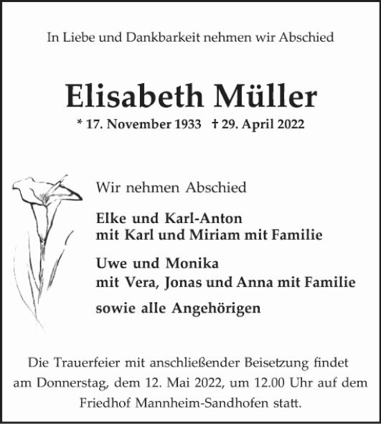 Traueranzeige von Elisabeth Müller von Mannheimer Morgen