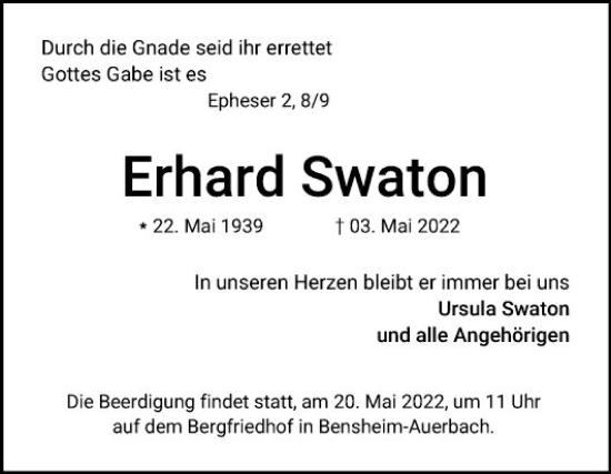 Traueranzeige von Erhard Swaton von Bergsträßer Anzeiger