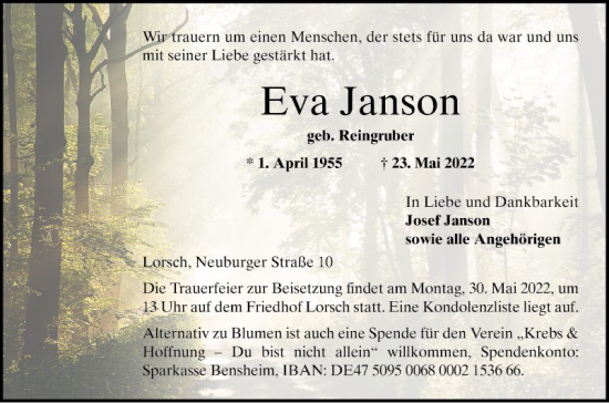 Traueranzeige von Eva Janson von Bergsträßer Anzeiger