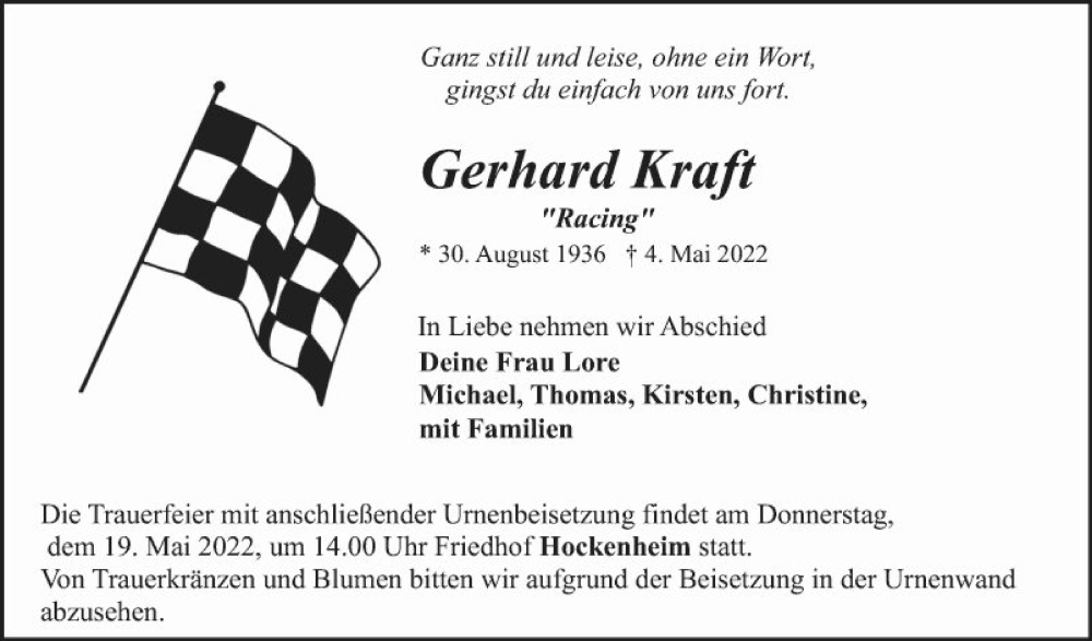  Traueranzeige für Gerhard Kraft vom 14.05.2022 aus Schwetzinger Zeitung