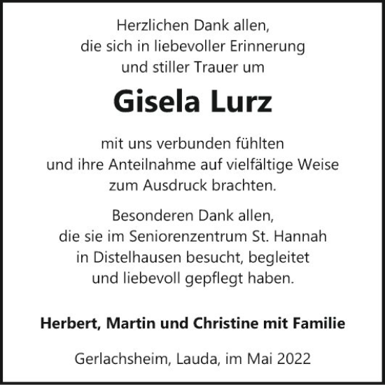 Traueranzeige von Gisela Lurz von Fränkische Nachrichten