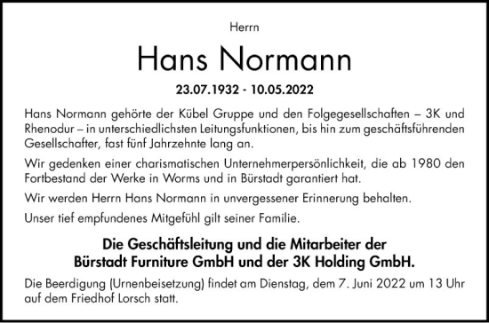 Traueranzeige von Hans Normann von Bergsträßer Anzeiger