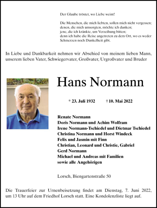 Traueranzeige von Hans Normann von Bergsträßer Anzeiger