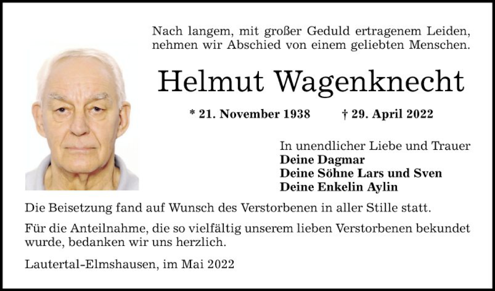  Traueranzeige für Helmut Wagenknecht vom 14.05.2022 aus Bergsträßer Anzeiger