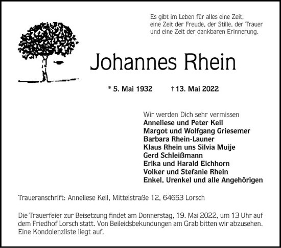 Traueranzeige von Johannes Rhein von Bergsträßer Anzeiger