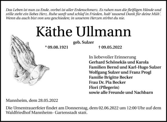 Traueranzeige von Käthe Ullmann von Mannheimer Morgen