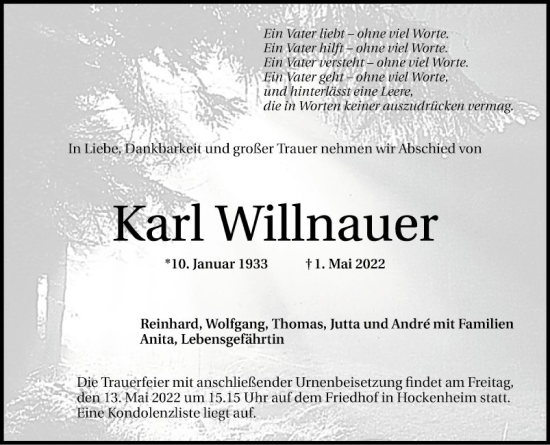 Traueranzeige von Karl Willnauer von Schwetzinger Zeitung