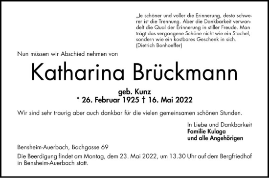 Traueranzeige von Katharina Brückmann von Bergsträßer Anzeiger