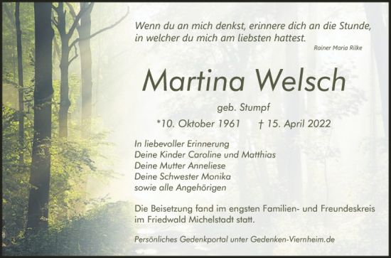 Traueranzeige von Martina Welsch von Mannheimer Morgen