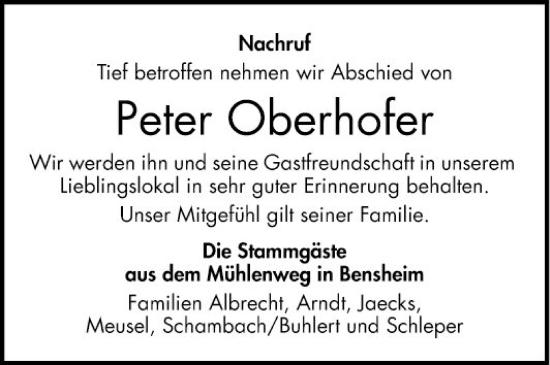 Traueranzeige von Peter Oberhofer von Bergsträßer Anzeiger