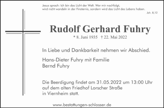 Traueranzeige von Rudolf Gerhard Fuhry von Mannheimer Morgen