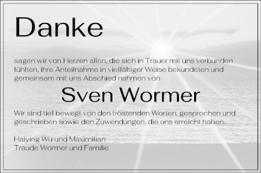  Traueranzeige für Sven Wormer vom 14.05.2022 aus Mannheimer Morgen