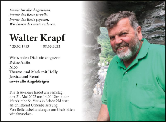 Traueranzeige von Walter Krapf von Fränkische Nachrichten