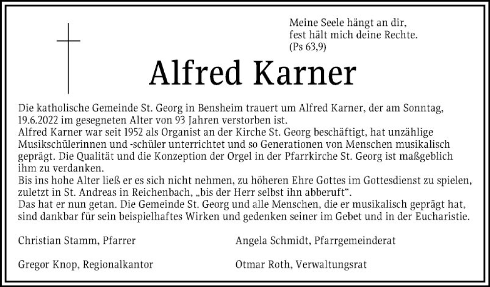  Traueranzeige für Alfred Karner vom 25.06.2022 aus Bergsträßer Anzeiger