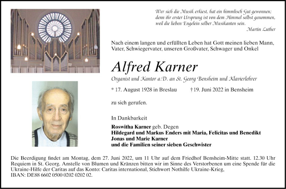  Traueranzeige für Alfred Karner vom 23.06.2022 aus Bergsträßer Anzeiger