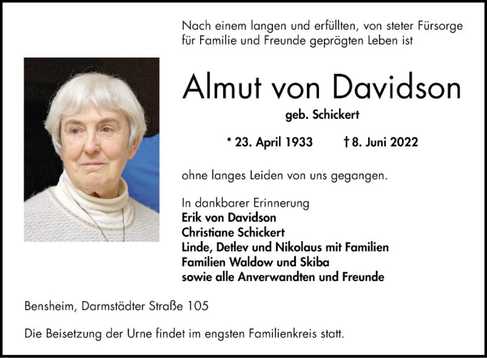  Traueranzeige für Almut von Davidson vom 11.06.2022 aus Bergsträßer Anzeiger