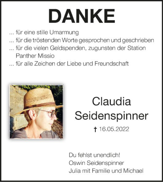 Traueranzeige von Claudia Seidenspinner von Fränkische Nachrichten