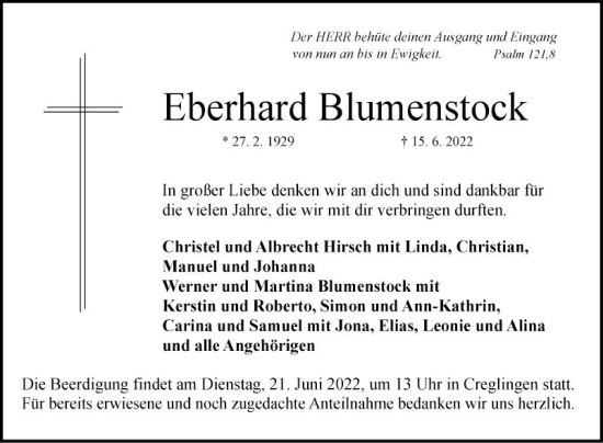 Traueranzeige von Eberhard Blumenstock von Fränkische Nachrichten