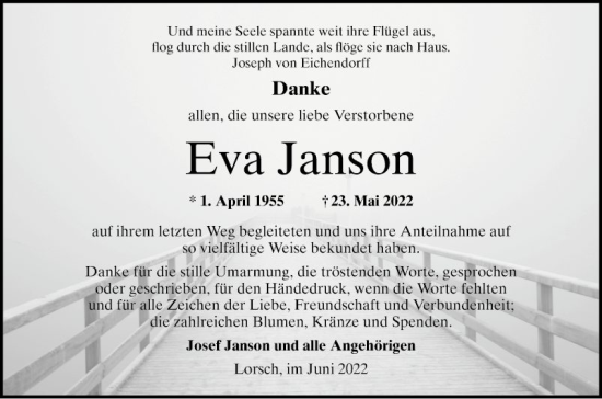 Traueranzeige von Eva Janson von Bergsträßer Anzeiger