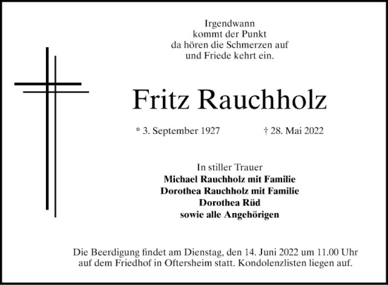 Traueranzeige von Fritz Rauchholz von Schwetzinger Zeitung