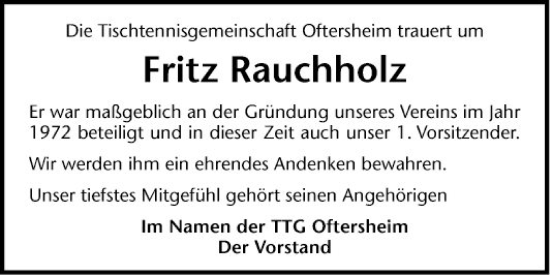 Traueranzeige von Fritz Rauchholz von Schwetzinger Zeitung