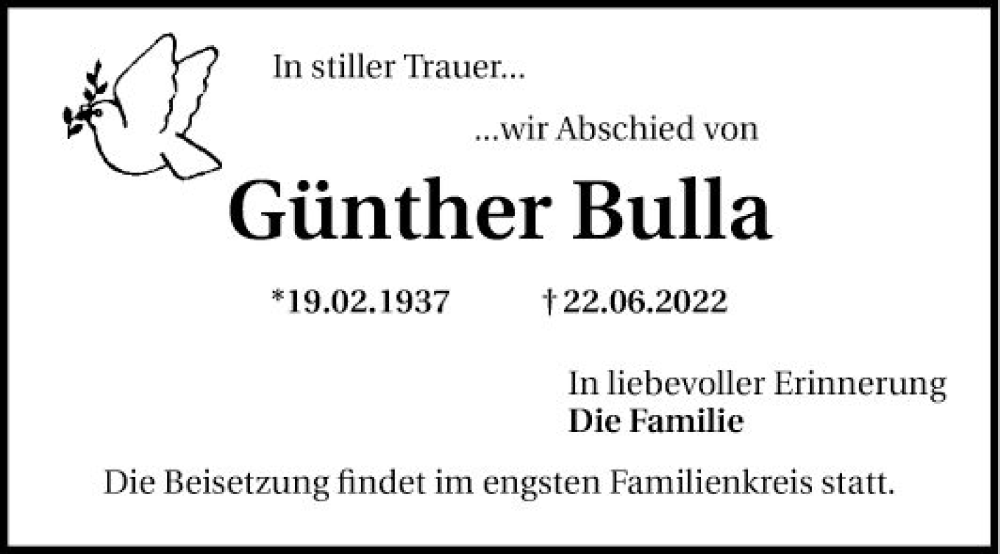  Traueranzeige für Günther Bulla vom 25.06.2022 aus Bergsträßer Anzeiger