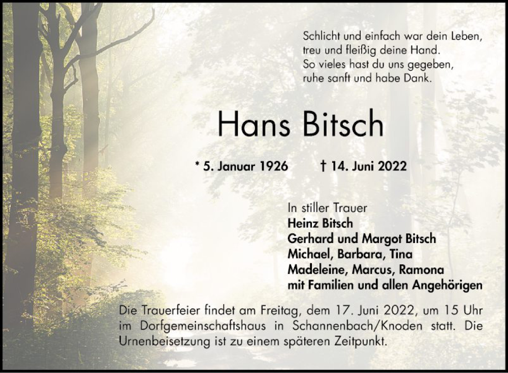  Traueranzeige für Hans Bitsch vom 15.06.2022 aus Bergsträßer Anzeiger