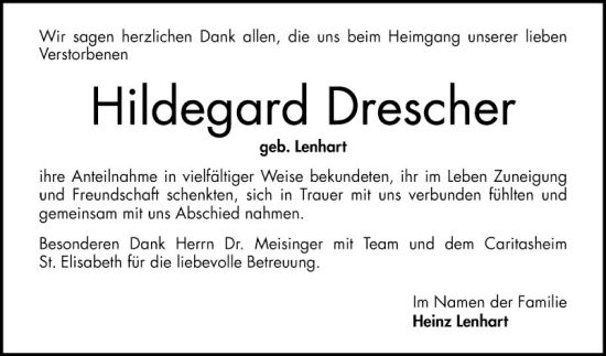 Traueranzeige von Hildegard Drescher von Bergsträßer Anzeiger