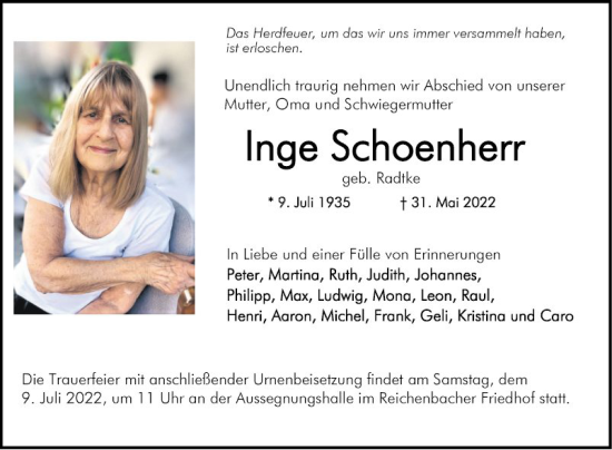 Traueranzeige von Inge Schoenherr von Bergsträßer Anzeiger