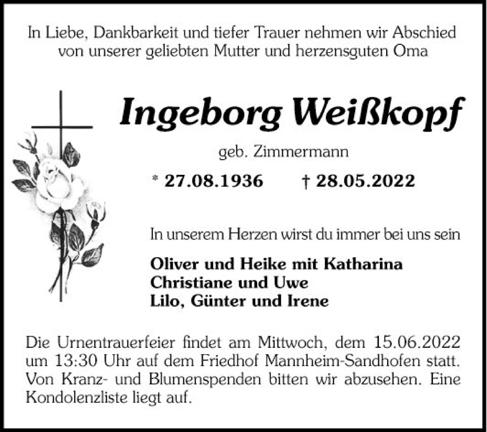  Traueranzeige für Ingeborg Weißkopf vom 11.06.2022 aus Bergsträßer Anzeiger