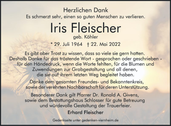 Traueranzeige von Iris Fleischer von Mannheimer Morgen