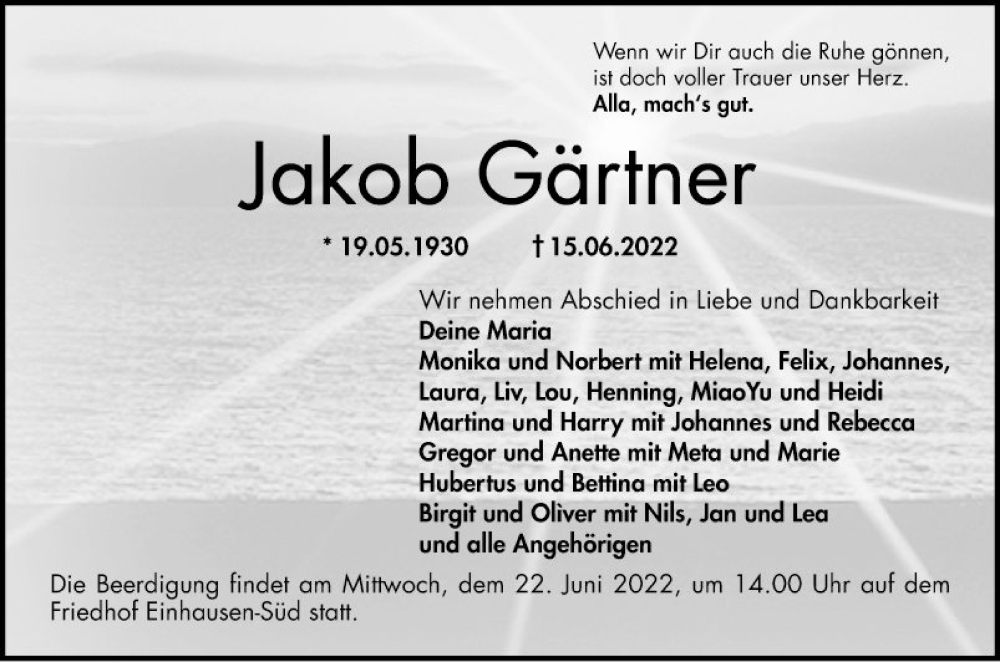  Traueranzeige für Jakob Gärtner vom 18.06.2022 aus Bergsträßer Anzeiger