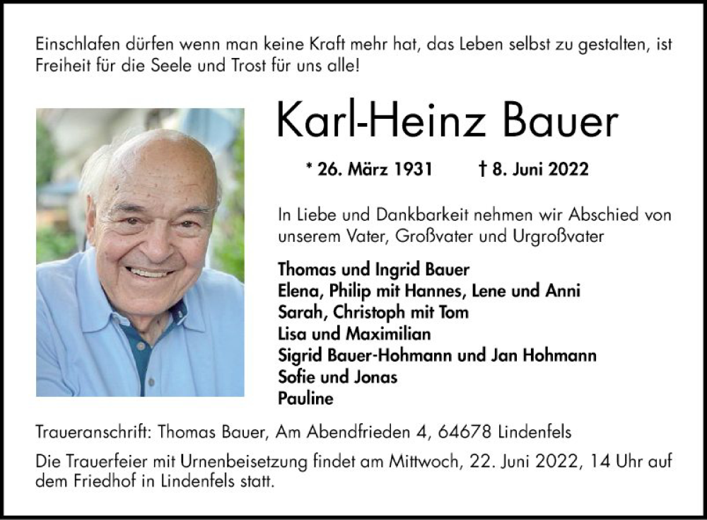  Traueranzeige für Karl-Heinz Bauer vom 11.06.2022 aus Bergsträßer Anzeiger